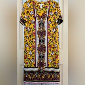 VGU Sz-12 London Times Yellow Boho Floral Shift Dress-Flowing Soft & Lightweight